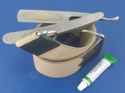 RASIERMESSER-Set Goldätzung Zoll Abziehleder und Solingen Schleifpaste Grün NEU