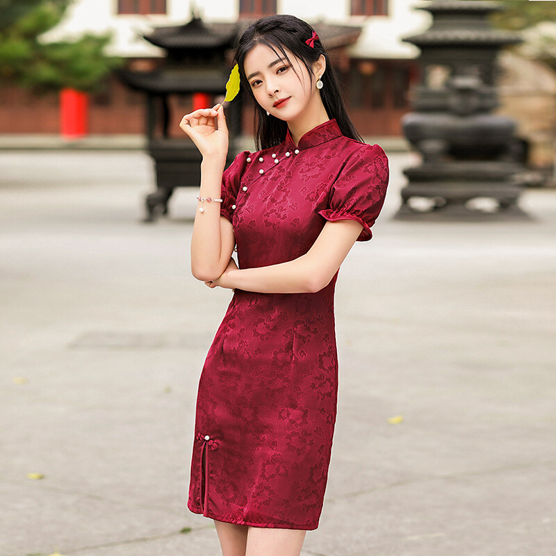 red chinese dress short Retro Chinese Dress oriental old shanghai Qipao wine red cheongsam Chinese  wind favors of cultivate morality