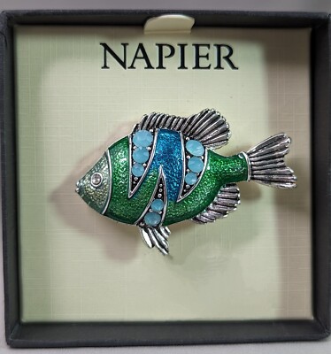 Napier Fish Brooch Pin Tropical Blue Green Silvertone In Box Sea Life Ocean 