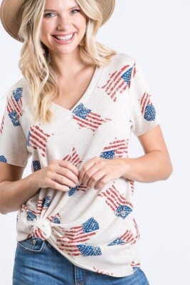 NWOT Heimish USA Short Sleeve V-Neck Waffle Tee Top w/ American Flag Sz L (XL)