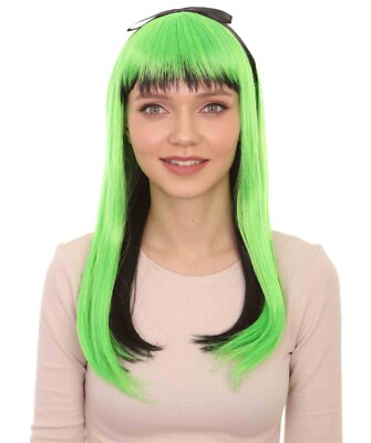 Womens Neon Doll Wig, Black & Green Neon Wigs, Premium Breathable Capless Cap.