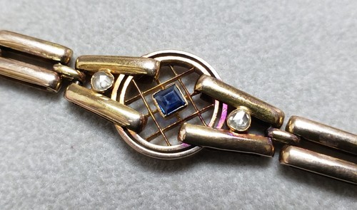 Pulsera antigua oro macizo 14K con piedra azul y diamantes talla rosa 8" - Imagen 11 de 12
