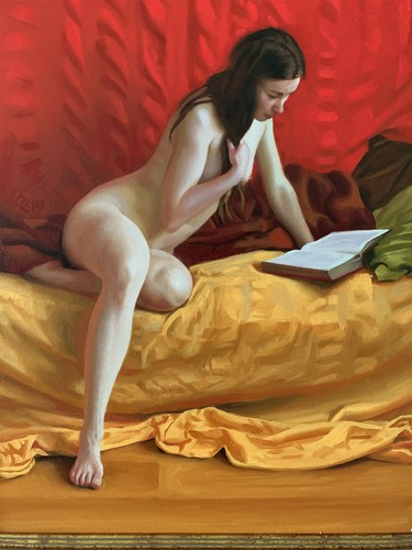 Original Framed Oil Painting Female Nude Girl artwork woman reading figure art - Picture 3 of 4