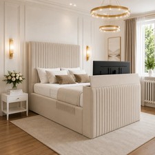 Alpha Linestyle Upholstered TV Bed frame  in Plush Velvet Fabric All Sizes UK