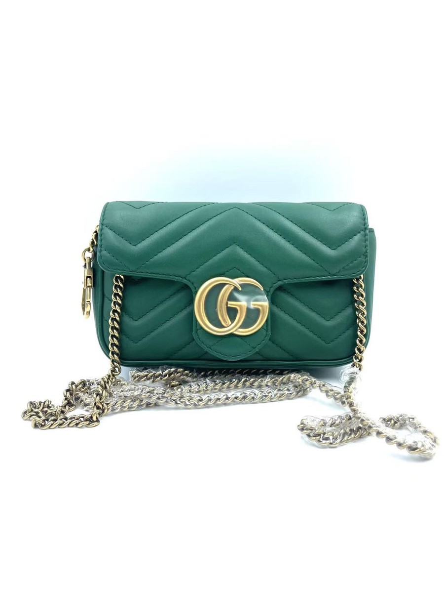 HJ Gucci Green Leather GG Marmont Super Mini Matelasse Shoulder