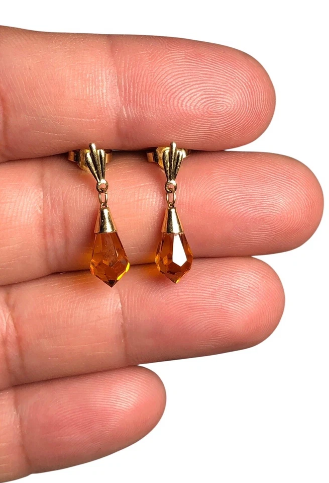 Pendientes colgantes vintage de briolette de cristal facetado oro amarillo 14K citrino Foto 3 de 3