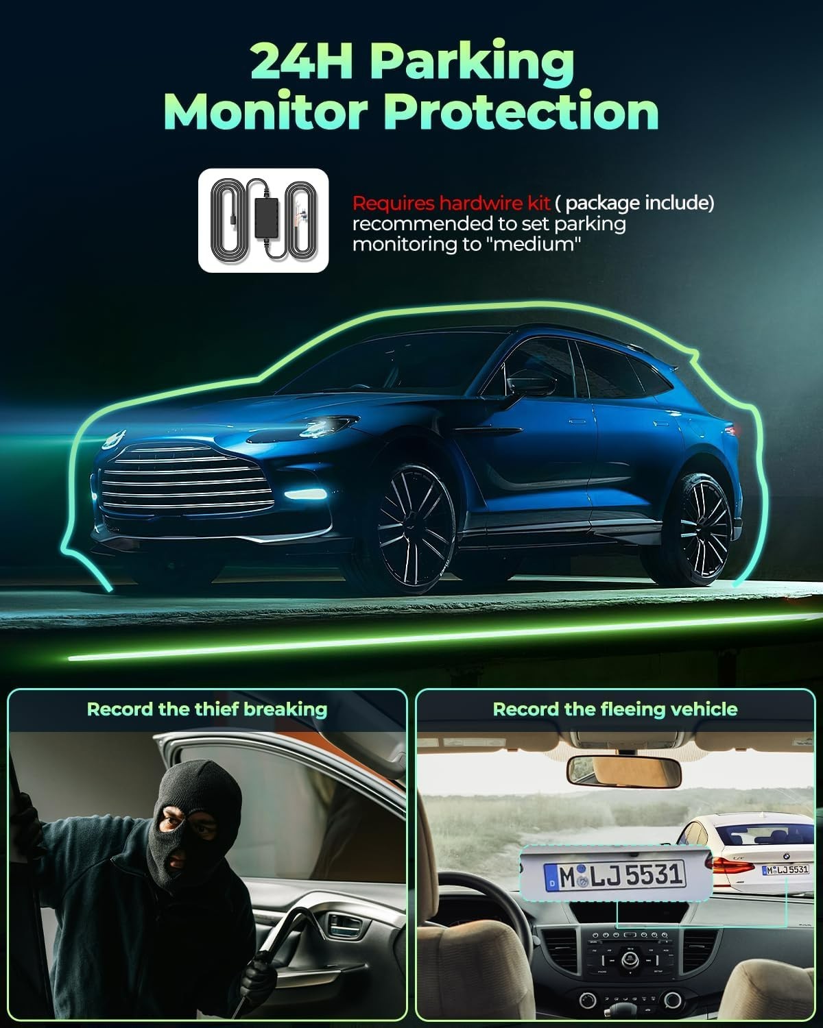 Dash Cam Front and Rear Inside with Hardwire Kit for 24h Security Parking Mon