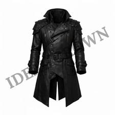 Men  s Black Real Leather Long Gothic Coat   Biker Trench Coat with Belt Shoulder