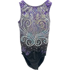 Ozone Chalk Warrior Girls Gymnastics Leotard YS Black Purple Rhinestone