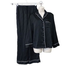 Victorias Secret 2 pc Black Pajama Set Satin Logo Jacquard Size XS Long Sleeve