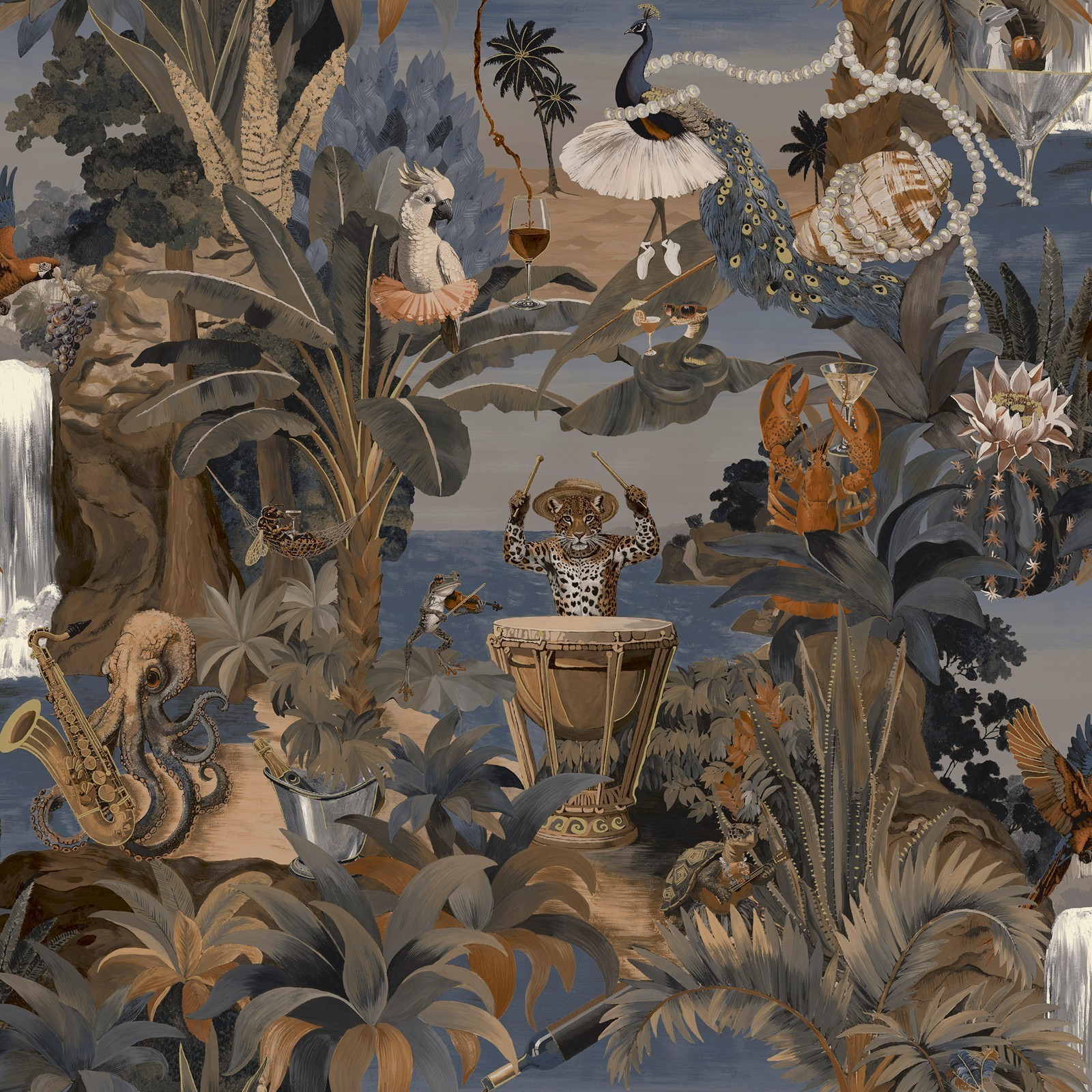 Navy Tropical Animal Wallpaper Beach Party Tigers Snakes Quirky Feature Wall
