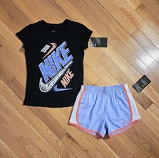 NEW Nike Little Girl Cotton Tee Dri-fit Short Set, Black/Purple 6X