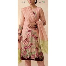 Embroidered Floral Salwar Kameez 3pc Set Peach Pink Tunic Pants Scarf Scalloped