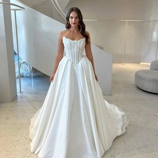 Luxurious Scoop Neckling Lace Bodice Satin A Line Wedding Dresses Custom Made
