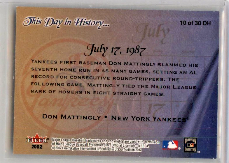 2002 Fleer Tradition This Day In History Don Mattingly #10DH NEW YORK YANKEES - Image 2 of 2