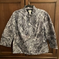 Chicos Metallic Ikat Zip Front Jacket Grey Blue 3/4 Ruched Sleeve Size 2 Large