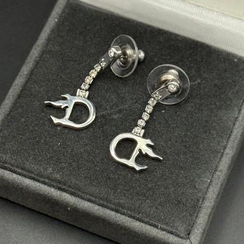 Christian Dior Earrings Stone Fire Motif D Logo Silver Color Vintage From Japan