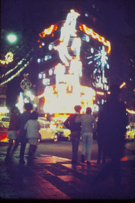1970s Night City Street Scene Neon Holiday Light Display Silhouettes 35mm Slide