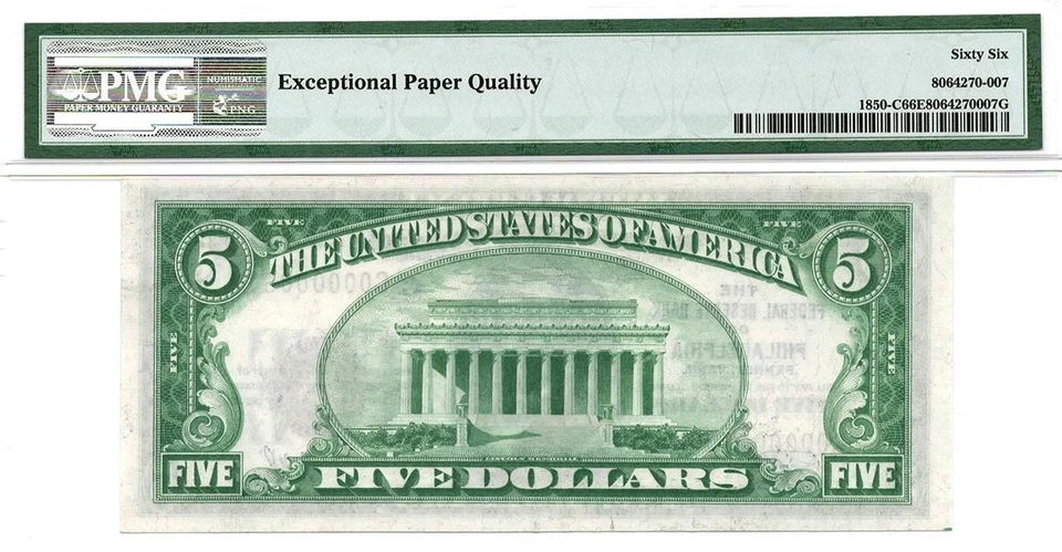 1929 $5 Philadelphia LOW SERIAL 2-Digit C00000063A FRBN • 1850-C • PMG 66 EPQ - Image 3 of 3