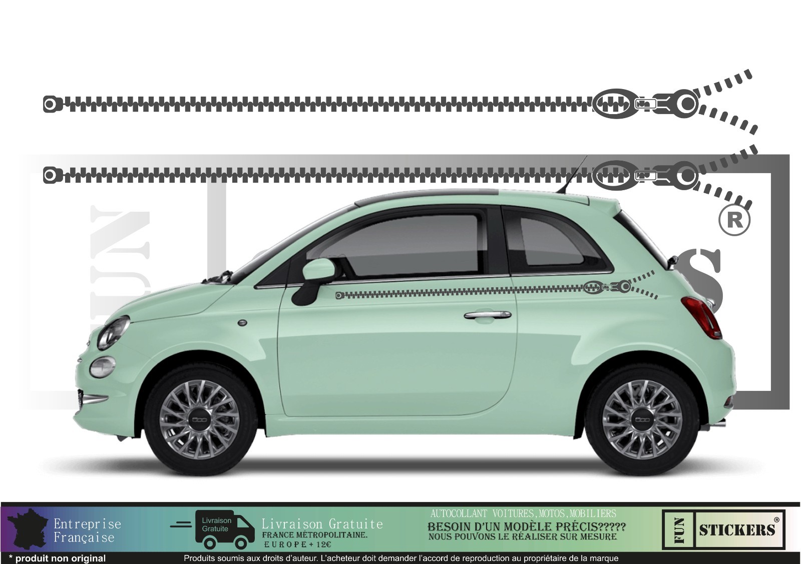 Kit stickers latéraux autocollant bande carrosserie universel look Fiat 500 Lounge gris