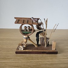 Japanese Mini Kokeshi Village Scene Ornament Wooden Folk Art Vintage