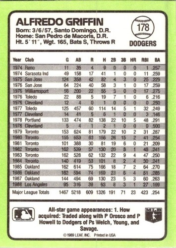 1989 Donruss Baseball's Best #178 Alfredo Griffin - Picture 2 of 2