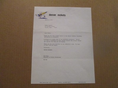 ABA Denver Rockets Vintage Defunct Dated 1973 Team Logo Basketball Letterhead