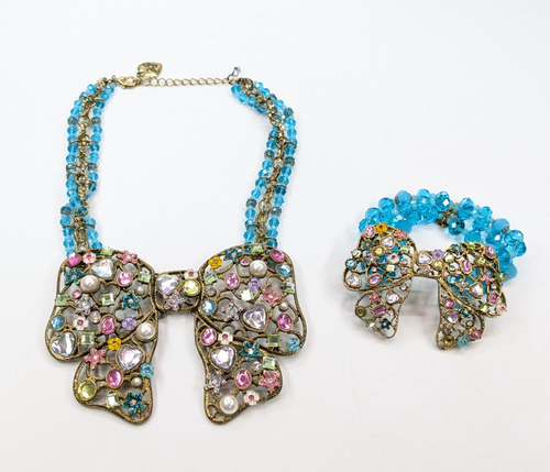 Betsy Johnson Huge Openwork Gold Tone Bow Rhinestones Necklace & Bracelet Set