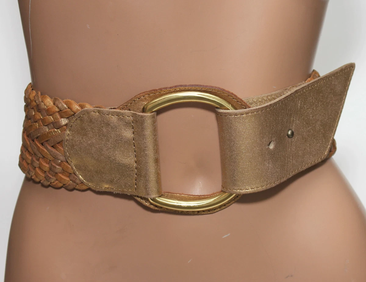Linea Pelle Wide Woven Leather Belt - Bronze Gold Brown Linea Pelle Woven Leather Belt Brass Buckle Rings 30-33  main image 3