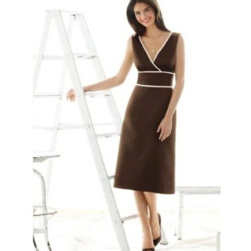 Alfred Sung Duchess Satin Espresso Ivory V-neck Size 10 Bridesmaid Dress - Picture 2 of 10