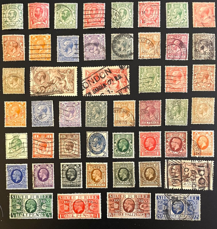 GREAT BRITAIN KING GEORGE V NICE LOT COLLECTIN OF 49 DIFFERENT STAMPS 1911-1935