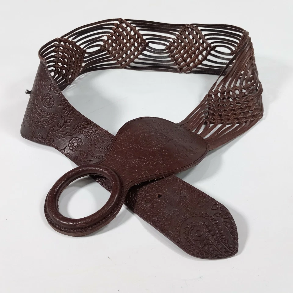 Bebe Leather Hip Belt Small 34 Paisley Flower Vine Woven Brown - Image 2 of 4