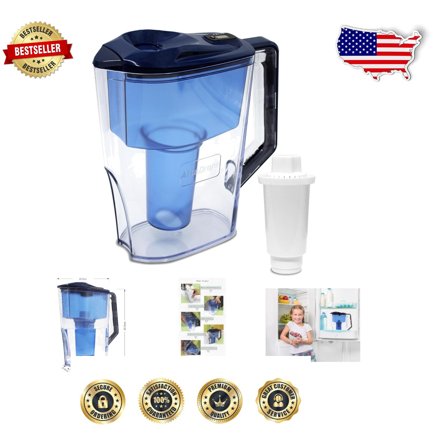 10 Cup Alkaline Water Pitcher - Efficient 7-Stage Filtration, No Power Needed