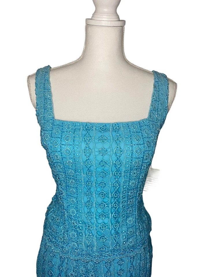 Nuevo con etiquetas Raro De Colección Conjunto de Falda Midi Con Cuentas Tejido Azul Turquesa Sin Mangas 2 piezas Talla 10 $399 Foto 3 de 4