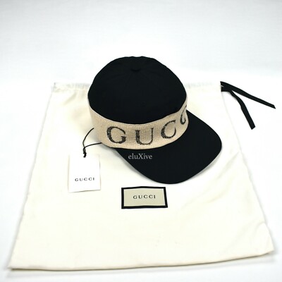 NWT $395 Gucci Black Vintage Logo Beige Headband Hat Cap Men's