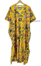 Cotton Loose Short Sleeves Flower Print yellow Free Size Boho Caftan Maxi Dress