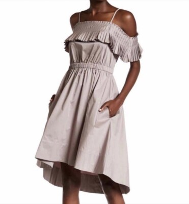Tibi Cotton Poplin Ruffle Off Shoulder Dress Beige Tan Midi Size 0 XS $475  | eBay