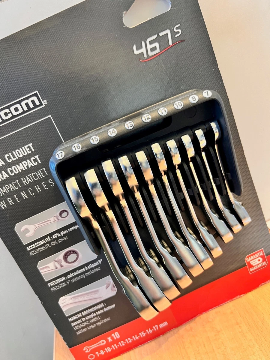 Facom 467BS.JP10 10 Piece Metric Stubby Anti Slip Ratcheting Spanner Set 7 17mm