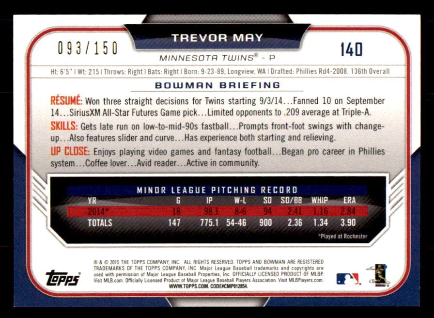 2015 Bowman Blue #140 Trevor May Twins Rookie #/150 (ref 33062) - Image 2 of 2