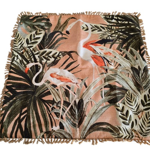 Adairs Retro Flamingo Natural Cushion Cover 50 X 50 Cm Cotton, Jute Fringe Trim