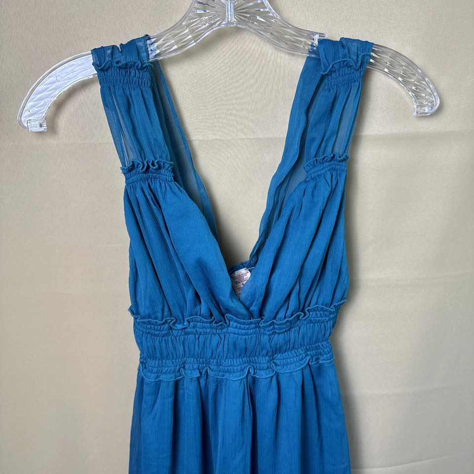 Fire Los Angeles Small Short Dress Plunge V-Neck Teal Gauzy Sheer- lined - Image 2 of 4