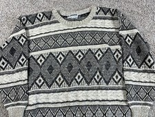 VTG 90s Geometric Pattern Sweater Adult XL Beige Heavyweight Chunky Cotton Knit