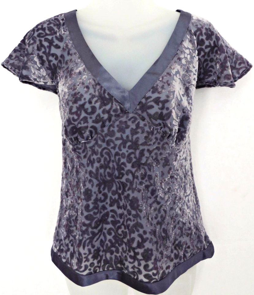 DAISY FUENTES MODA Gray Sheer Velvet Satin Lace Blouse Shirt Top Women