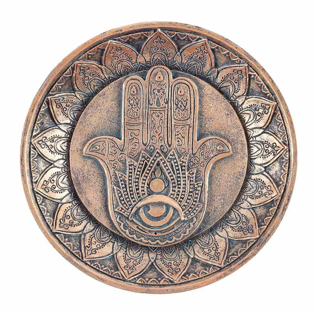 Hamsa Hand Incense Burner Holder & Plate 12.5cm - Antique Copper Finish