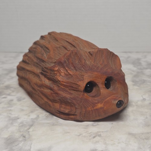 Hand Carved Wooden Hedgehog Figurine Brown Textured Cute Black Eyes Medium Size