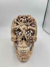 Large skull carved tamarind wood marbled memento mori openwork 18 cm