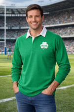 Image of Ireland Rugby Shirt Mens Unisex Green Long Sleeve Rugby Top Embroidered Shamrock