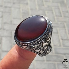 Vintage Red Yemeni Aqeeq Ring 925 Silver Men Fashion Jewelry