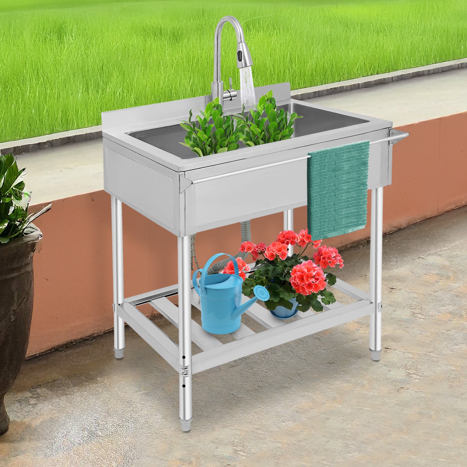 Free Standing Kitchen Sink Single Bowl Sink Stainless Steel Utility Sink Silver