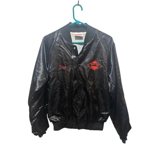 Vintage Satiny Nylon Elite Taxi Jacket VTG Black Coat Orange Logo Lined Small image 2